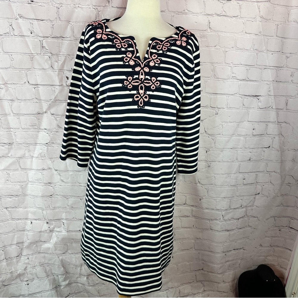 Talbots petites Navy Striped knit shift dress womens XLp nautical travel beach
